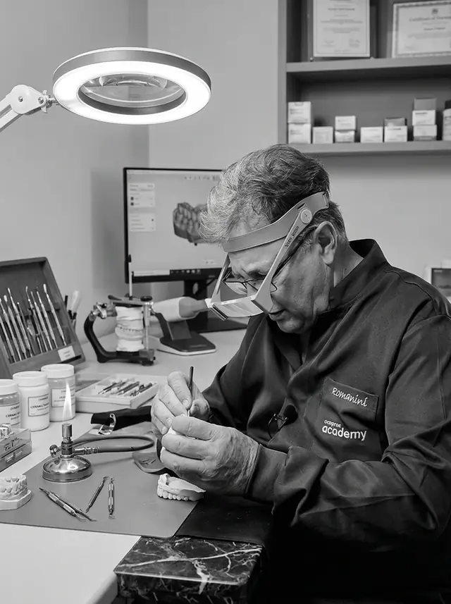 Técnico do Lab Romanini trabalhando em bancada com lupa
